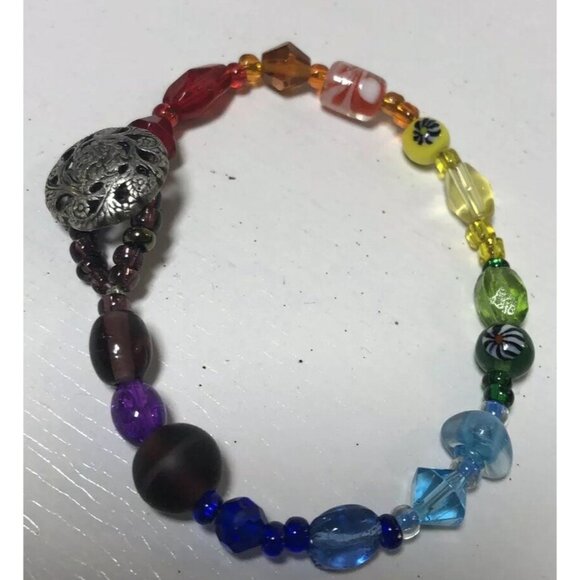 Rainbow Bracelet Artisan Colorful Beads Round Toggle Clasp 7" Original OOAK - Picture 8 of 9